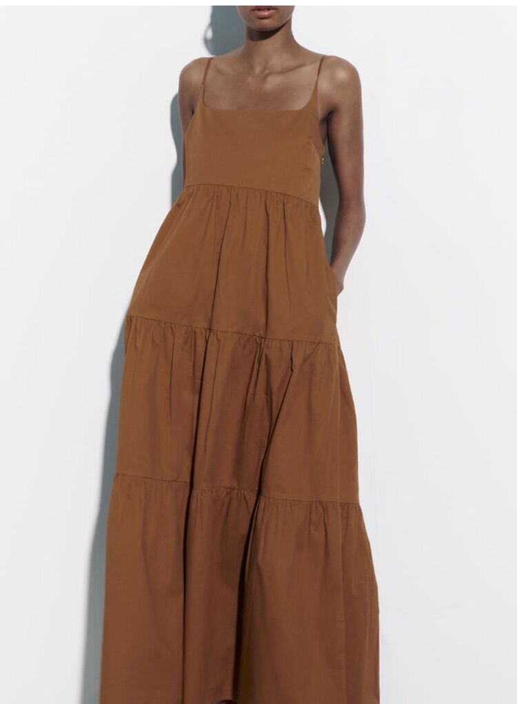 Đầm Zara 2 dây nâu maxi cực tây