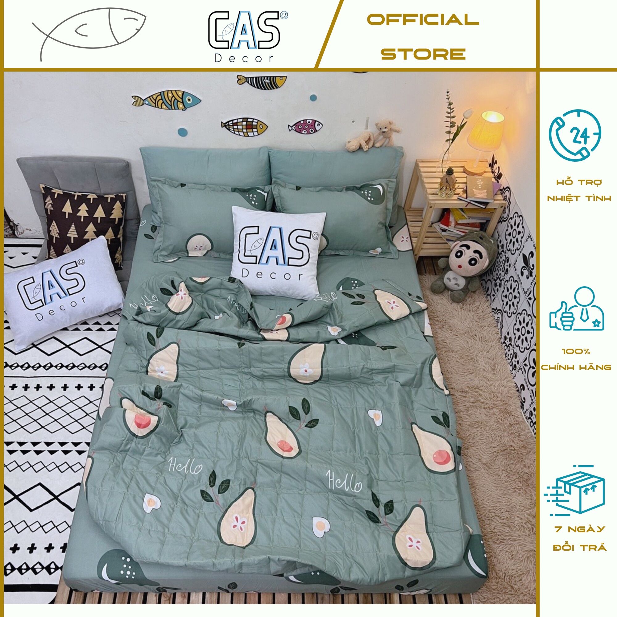 Bộ chăn ga gối cotton poly cas decor - hình bơ xanh