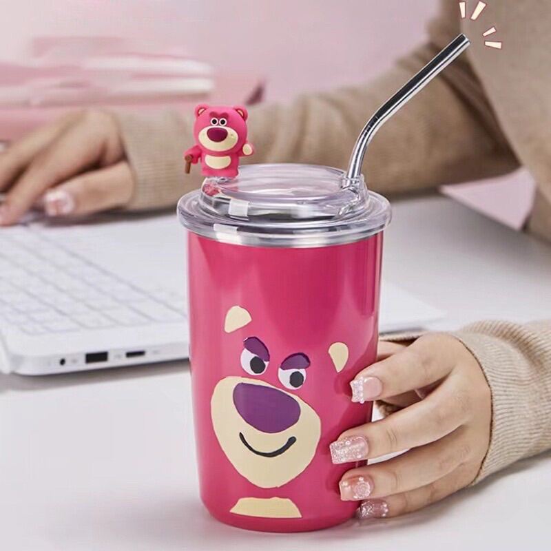 Bình Giữ Nhiệt Gấu Hống🍀FREESHIP🍀Ly Nước Gấu Dâu - Cốc Giữ Nhiệt Gấu Lotso Hồng Kèm Ống Hút