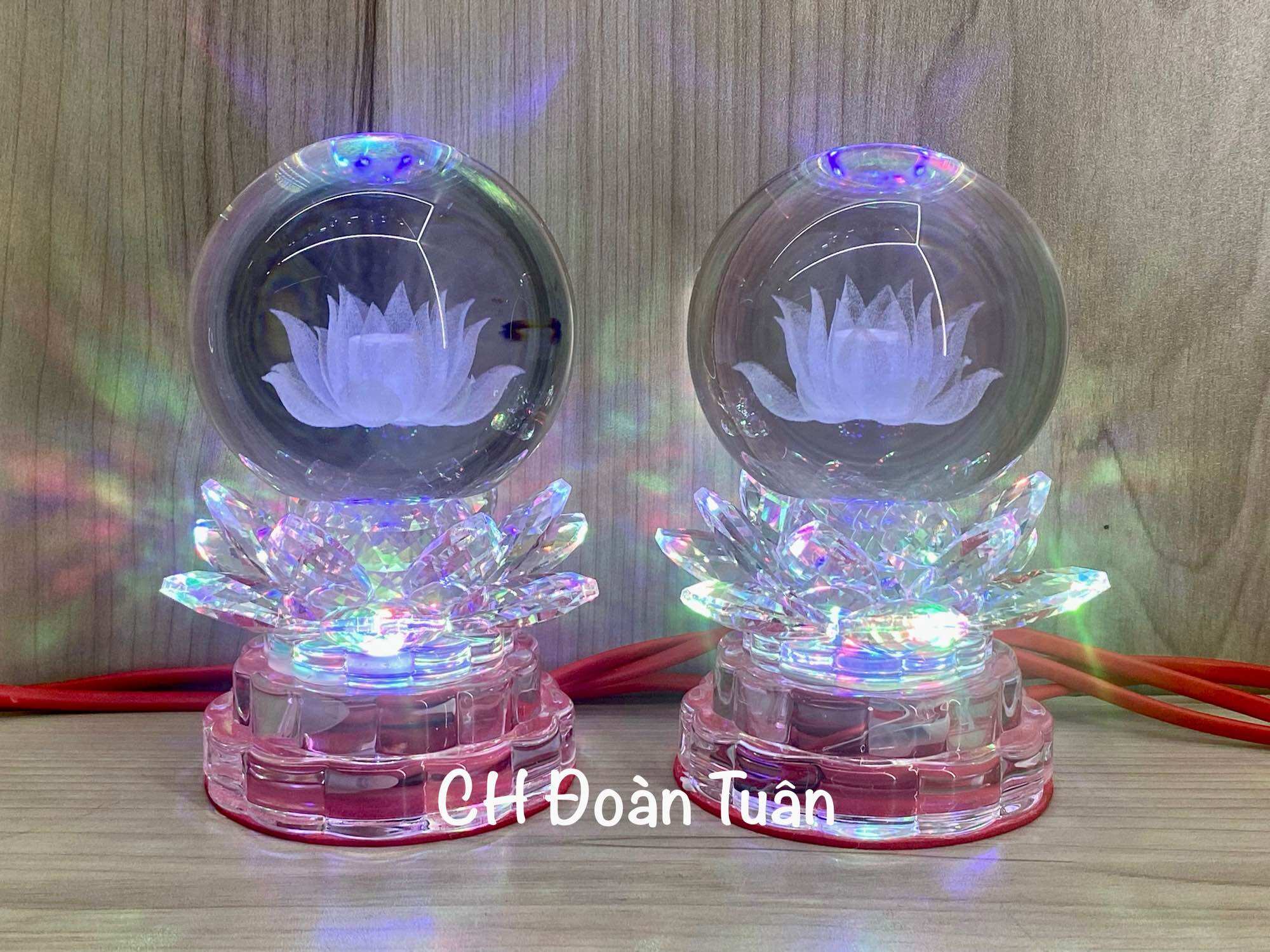Cặp đèn thờ quả cầu pha lê-đèn cầu sen pha lê đổi màu-4 kích cỡ