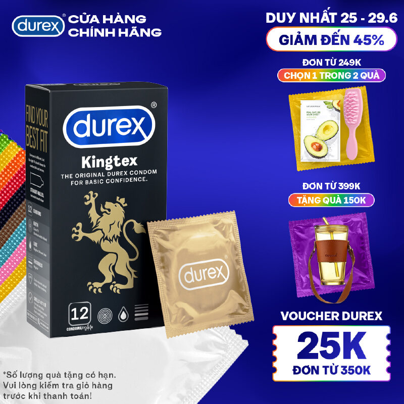 [Voucher giảm tối đa 45K đơn từ 349K] Bao cao su Durex Kingtex ôm sát, bôi trơn, size 49mm, hộp 12 bao