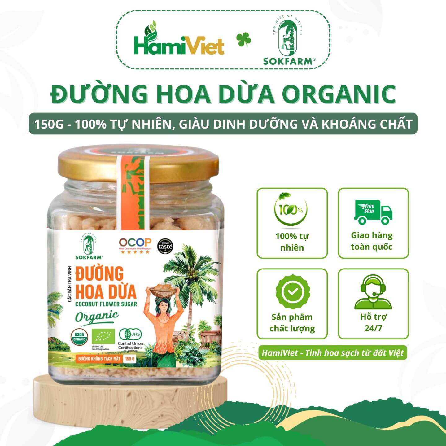 Đường hoa dừa organic Sokfarm nguyên chất 100%, vị ngọt tự nhiên từ hoa dừa, tăng sức đề kháng