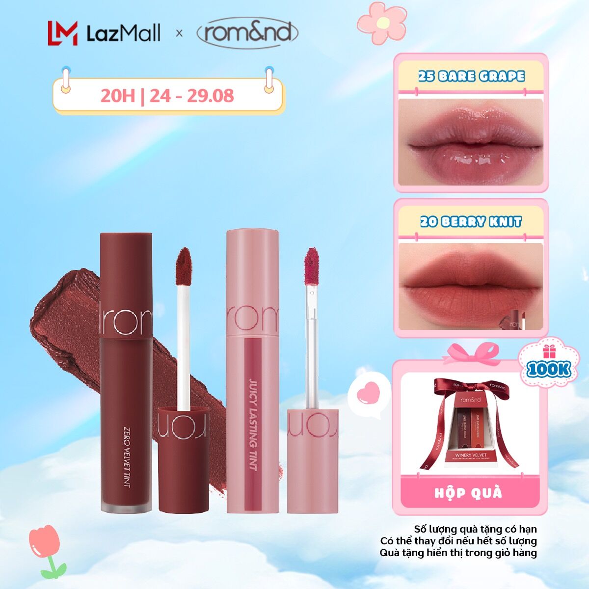 Combo Son Tint Romand Juicy Lasting Tint Ripe Fruit 5.5g + Son kem Romand Zero Velvet Tint 5.5g