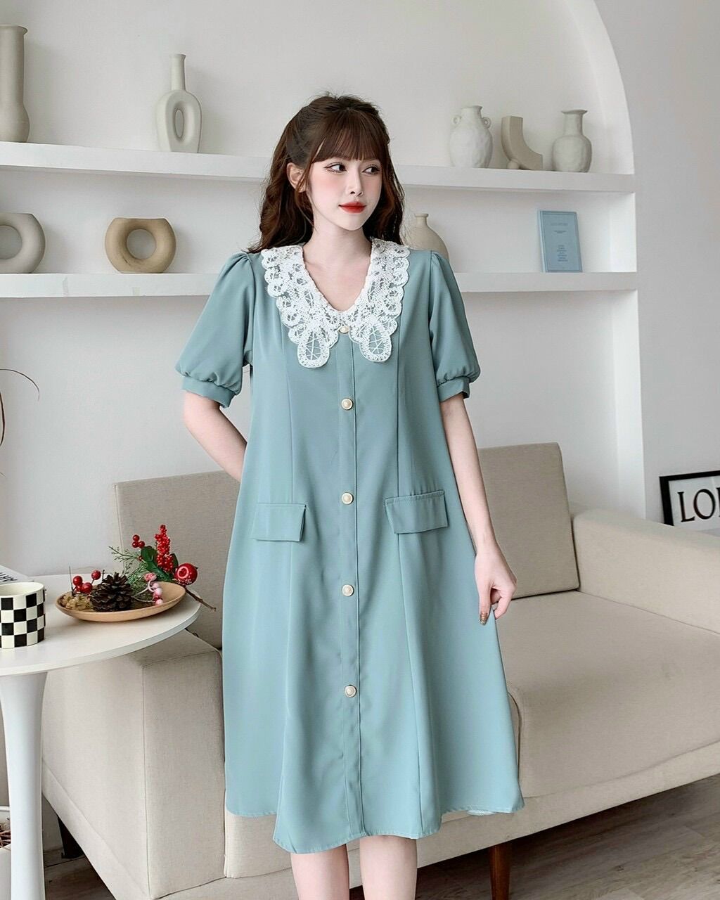 Đầm bầu caro phối ren sang trọng