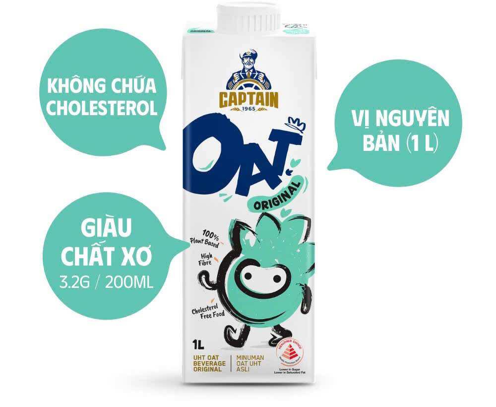 Sữa yến mạch Captain Oat Original không cholesterol, giàu chất xơ 3.2g, dung tích 1 lít.