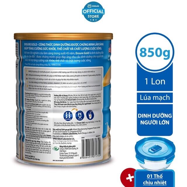 Sữa Bột Ensure Gold Lúa Mạch Tặng 1 Thố Thuỷ Tinh Luminarc 920ml