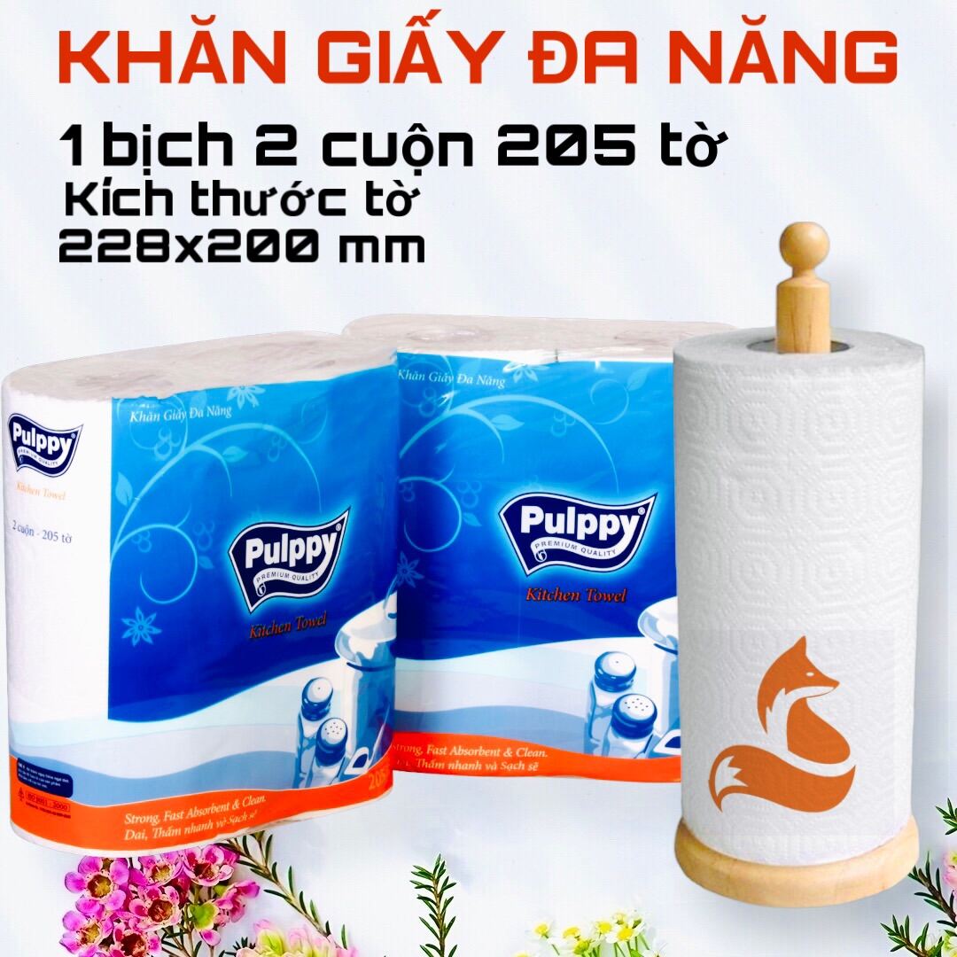 Giấy Vệ Sinh Lau Bếp Đa Năng Pulppy 2 Cuộn 205 Tờ Xanh