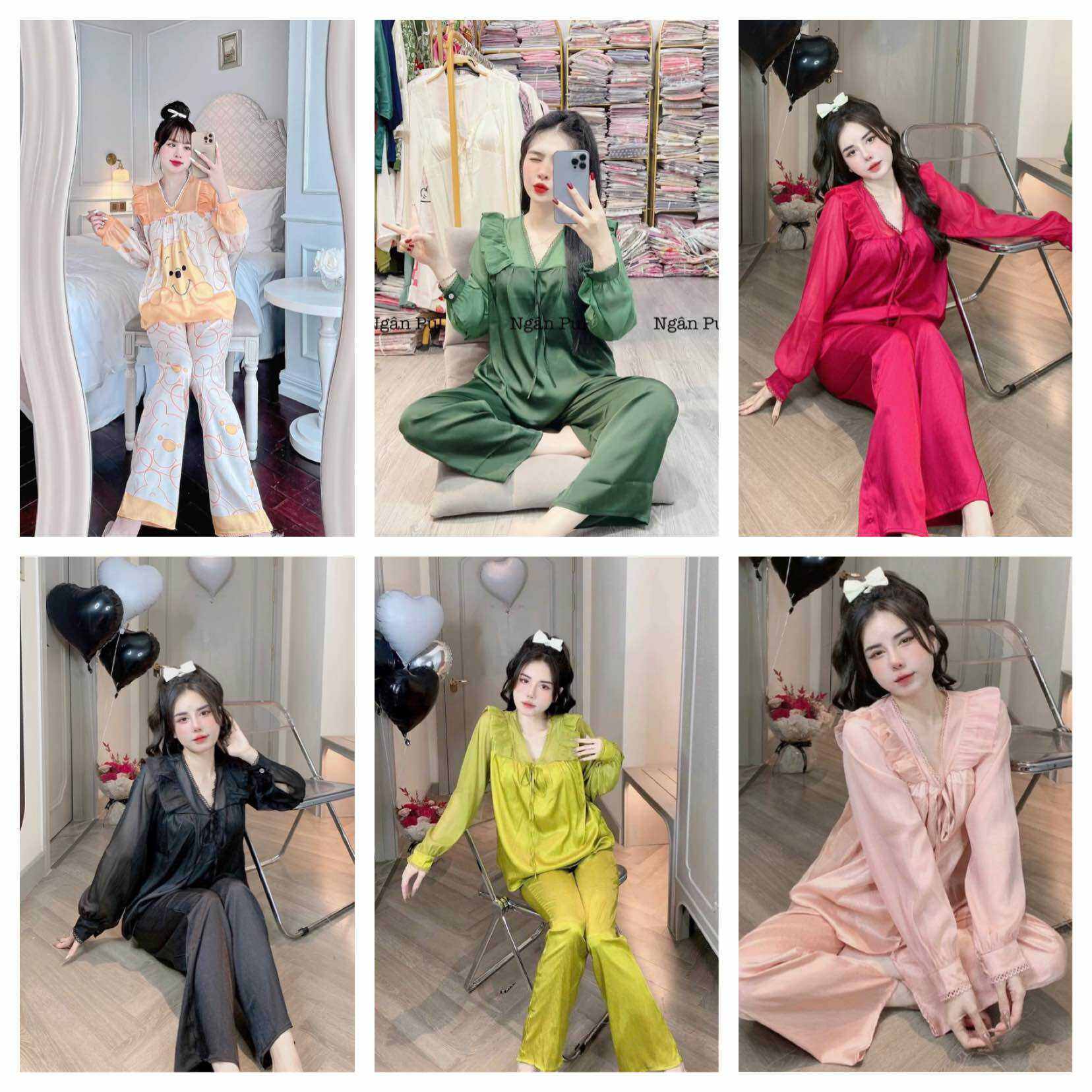 Pijama Tay Dài Quần Dài Tiểu Thư 40-60kg Lụa Xước - Bánh Bèo Đáng Yêu