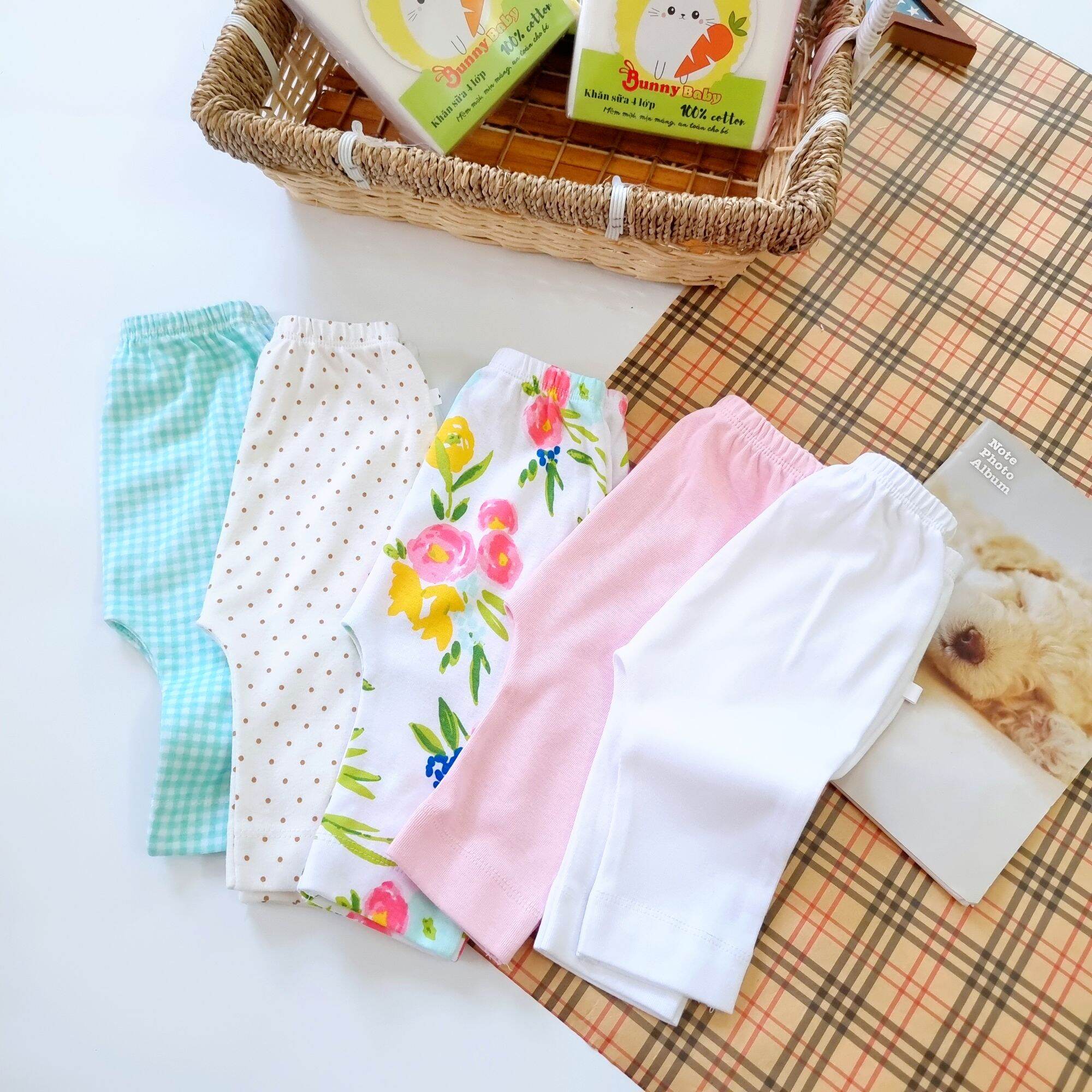 Set 5 quần dài sơ sinh lưng thun bunny cho bé 3-10kg