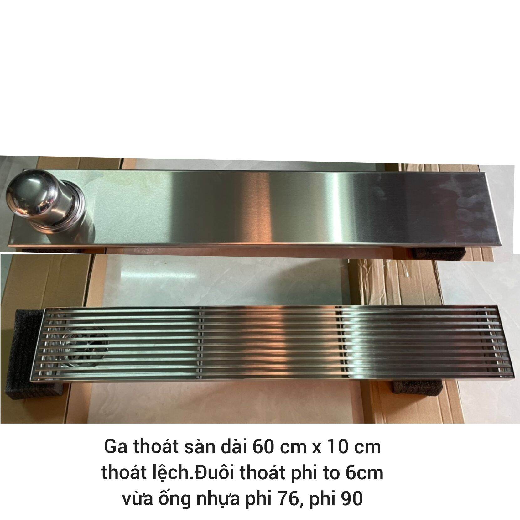 Thoát sàn inox 304, loại dài 60 cm x 10 cm và 30 cm x 10 cm.