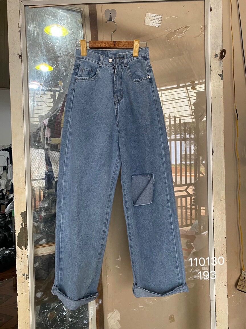 Baggy jeans lưng cao ống suông rách l