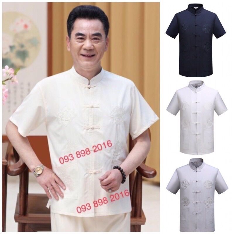 Áo Sơ mi Cổ Tàu nút tiều Nam thêu mát
