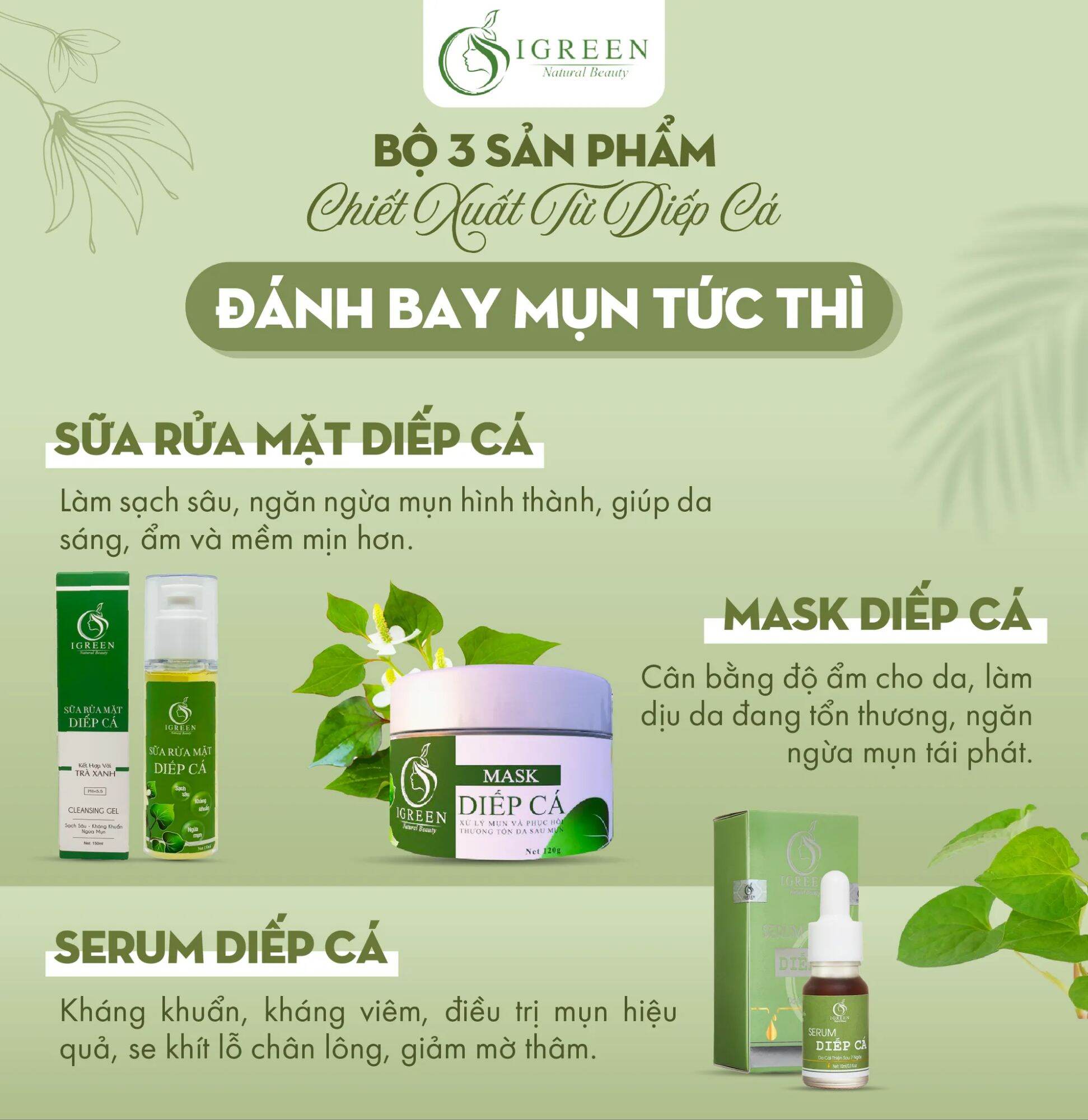 Combo ngừa mụn hoàn hảo từ diếp cá – sữa rửa mặt – serum – mặt nạ - giảm mụn, giảm thâm, se khít lỗ chân lông