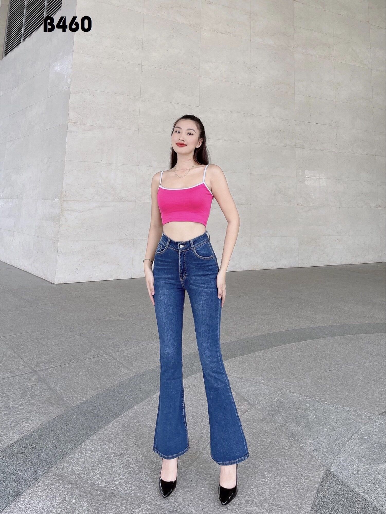 Quần Jeans Nữ Lưng Cao Ống Loe Dài Co Giãn