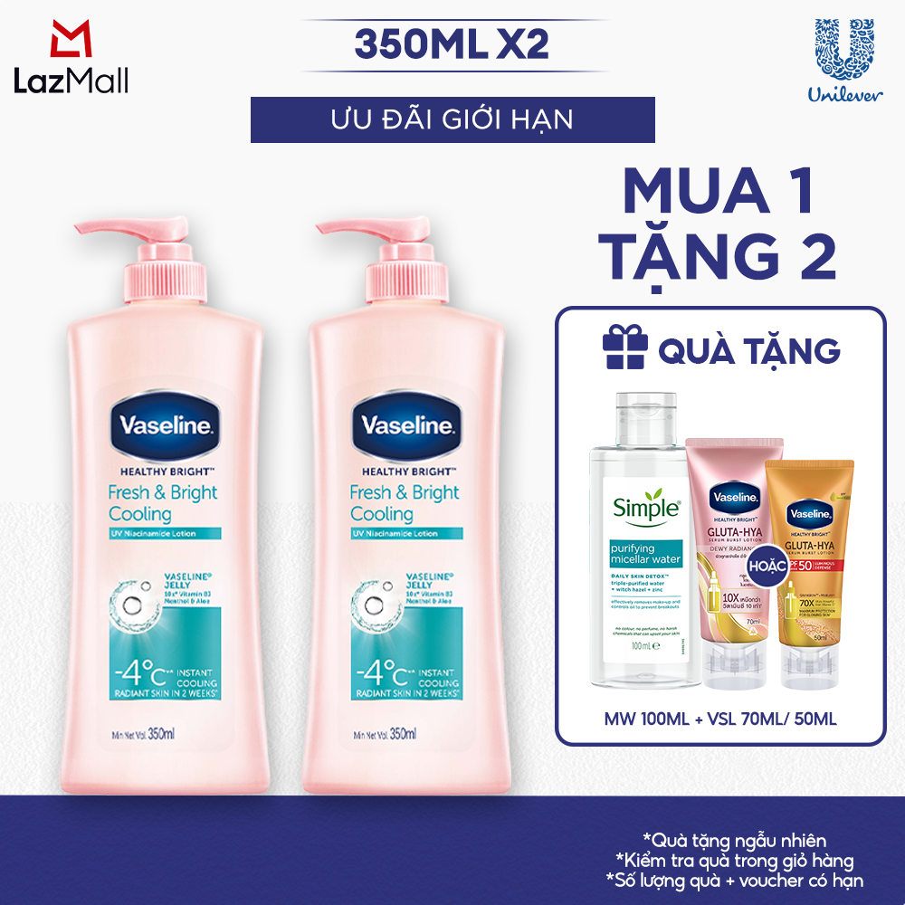 Combo 2 Sữa Dưỡng Thể Vaseline Dưỡng Ẩm Fresh  Bright 10x Niacinamide Da Sáng Khỏe Mịn Căng Tinh Chất Menthol Mát Lạnh 350ml x 2