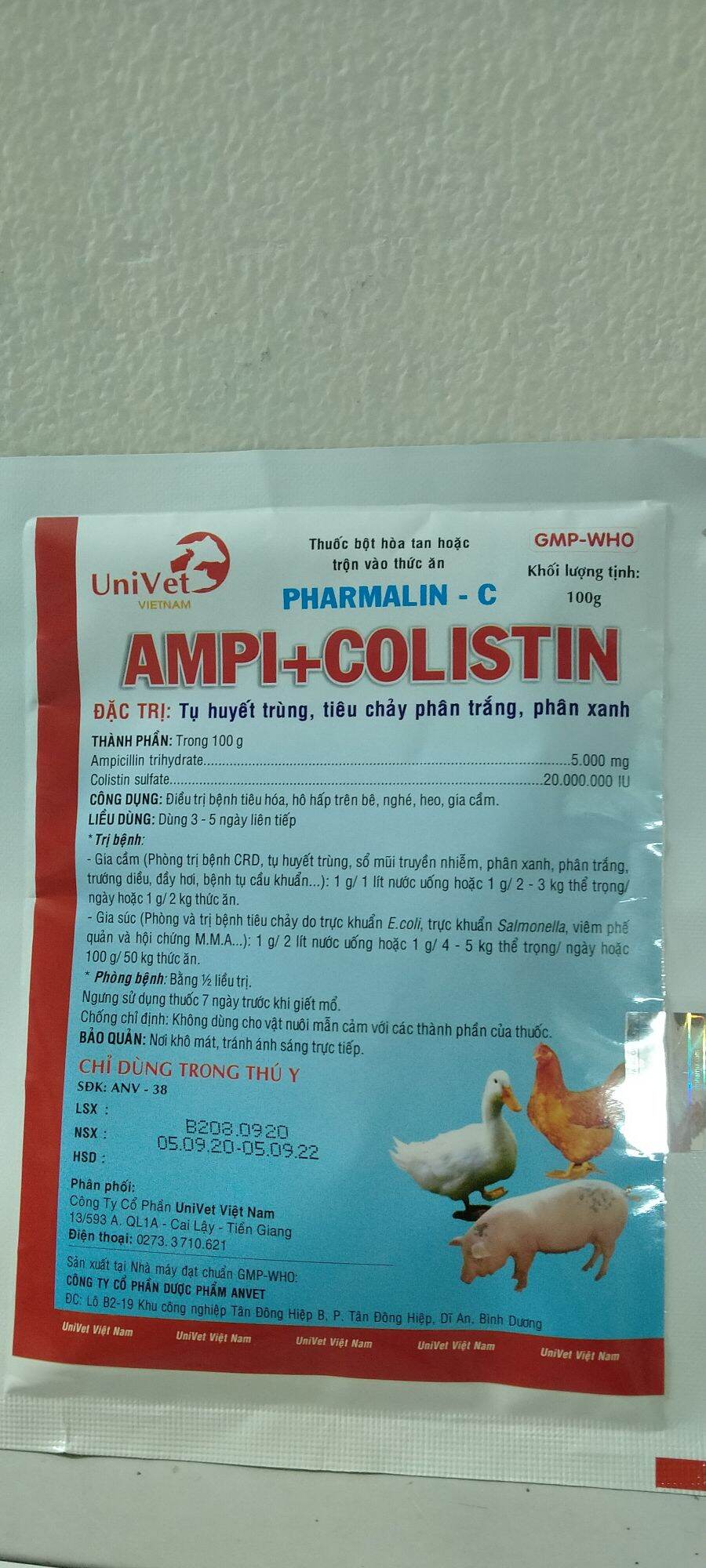 tụ huyết trùng, tiêu chảy phân trắng phân xanh ampi colistin 100gr