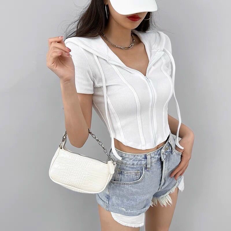 Áo croptop dây kéo có nón ngắn tay