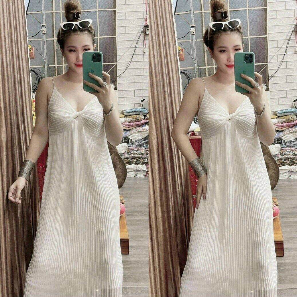 Đầm 2 dây xoắn ngực dập ly