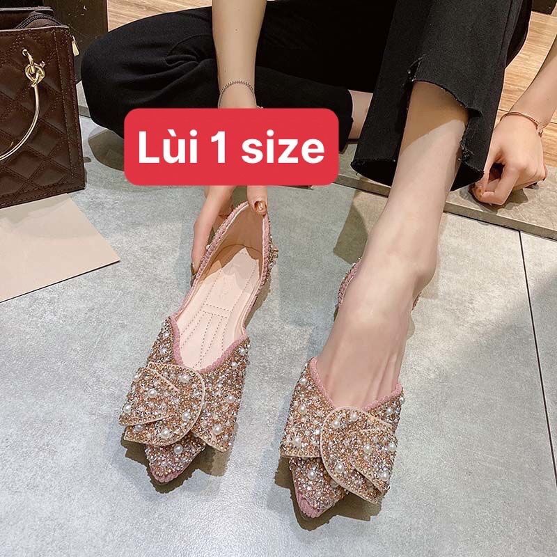 Giày bệt búp bê mũi nhọn đính đá lấp lánh