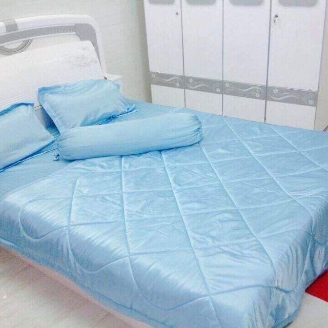 bộ ga phi lụa xanh nhạt 1 ga 3 áo gối