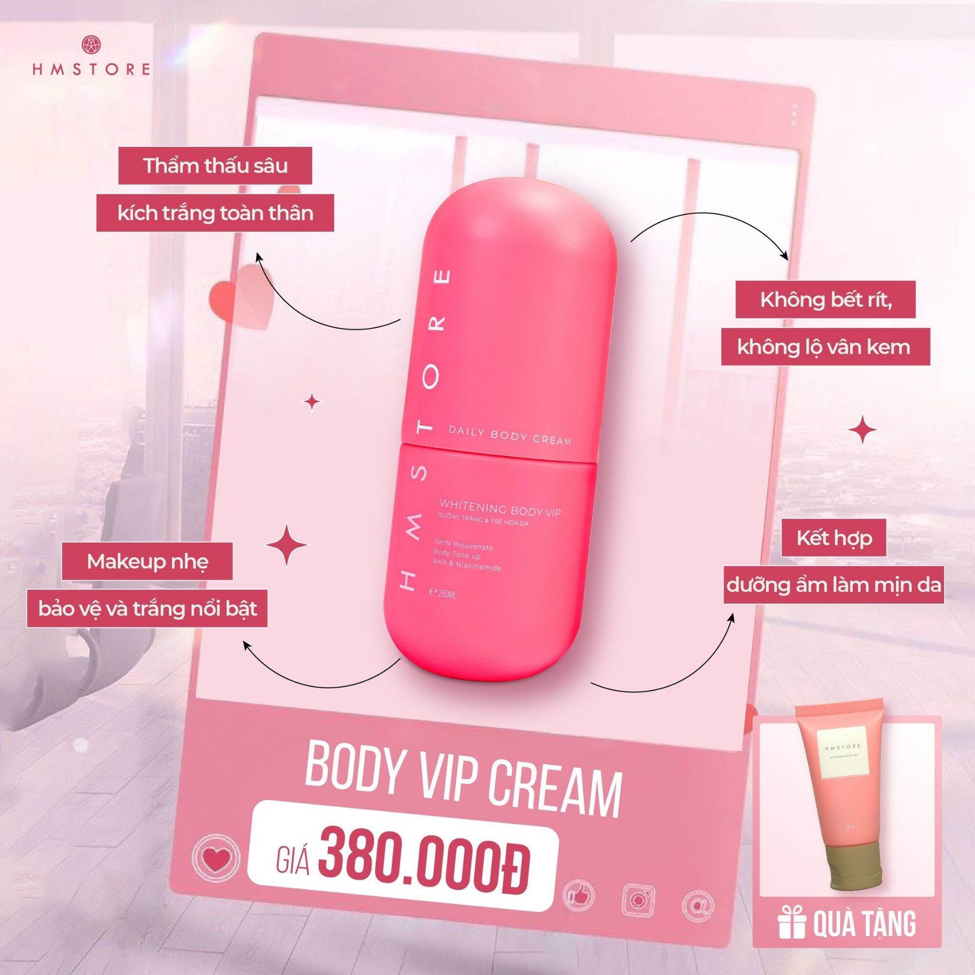 Combo 3 hộp kem body vip trắng da hmstore chính hãng tặng 3 hũ kích trắng