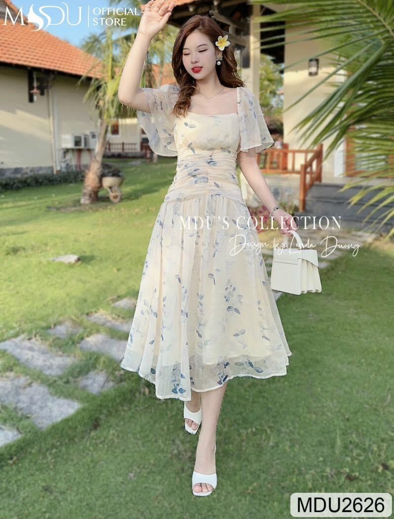 đầm voan hao tay xoè xếp ly eo ( có mút)