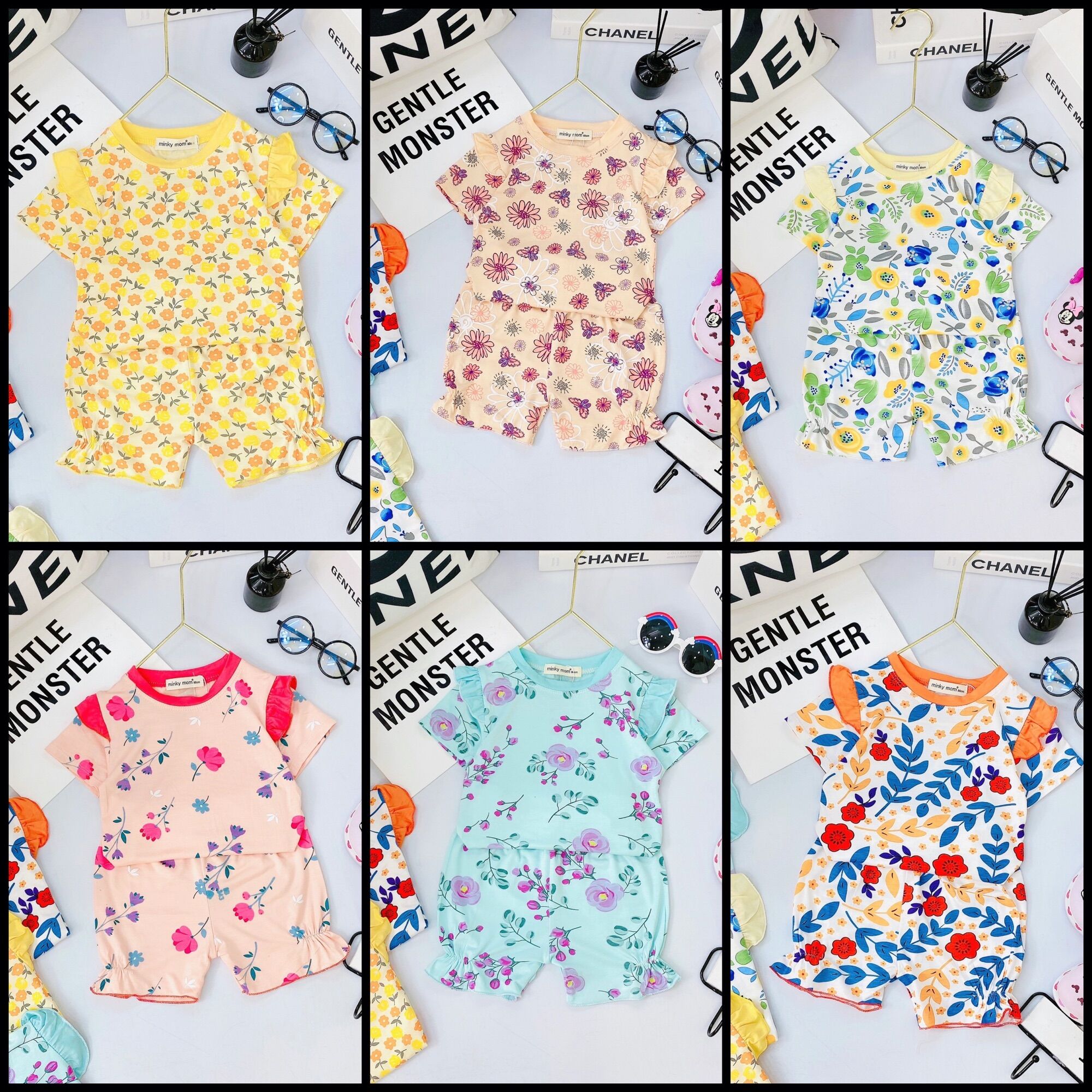 NT116 Bộ cộc tay vai cánh tiên thun lạnh Minky Mom cho bé gái họa tiết hoa nhí
