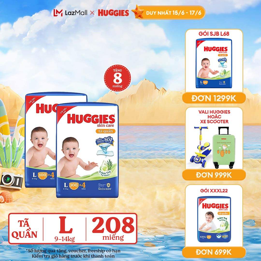 [CHỈ 25.11-2.12 GIẢM ĐẾN 120K] Combo 2 Gói Tã/bỉm quần HUGGIES SKINCARE MEGA JUMBO size L96+8 miếng/ L100+4 miếng