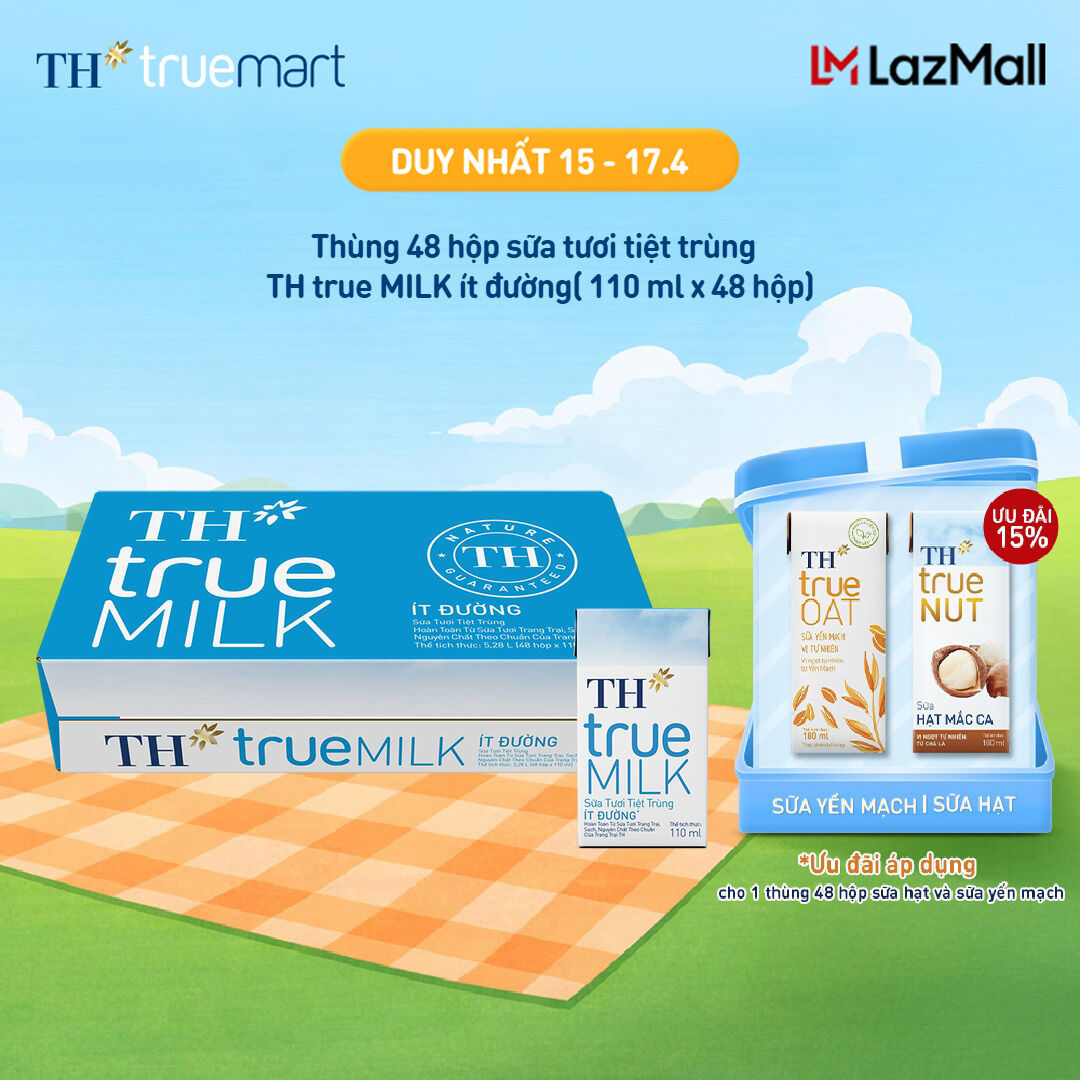 Thùng 48 hộp sữa tươi tiệt trùng TH true MILK ít đường 110 ml (110 ml x 48)