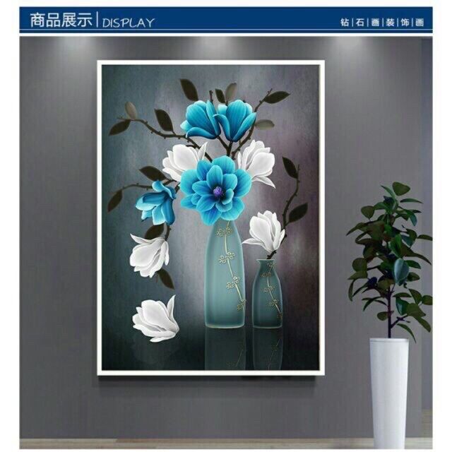 Tranh thêu chữ thập bình hoa trắng xanh a1152 45x60cm chưa thêu