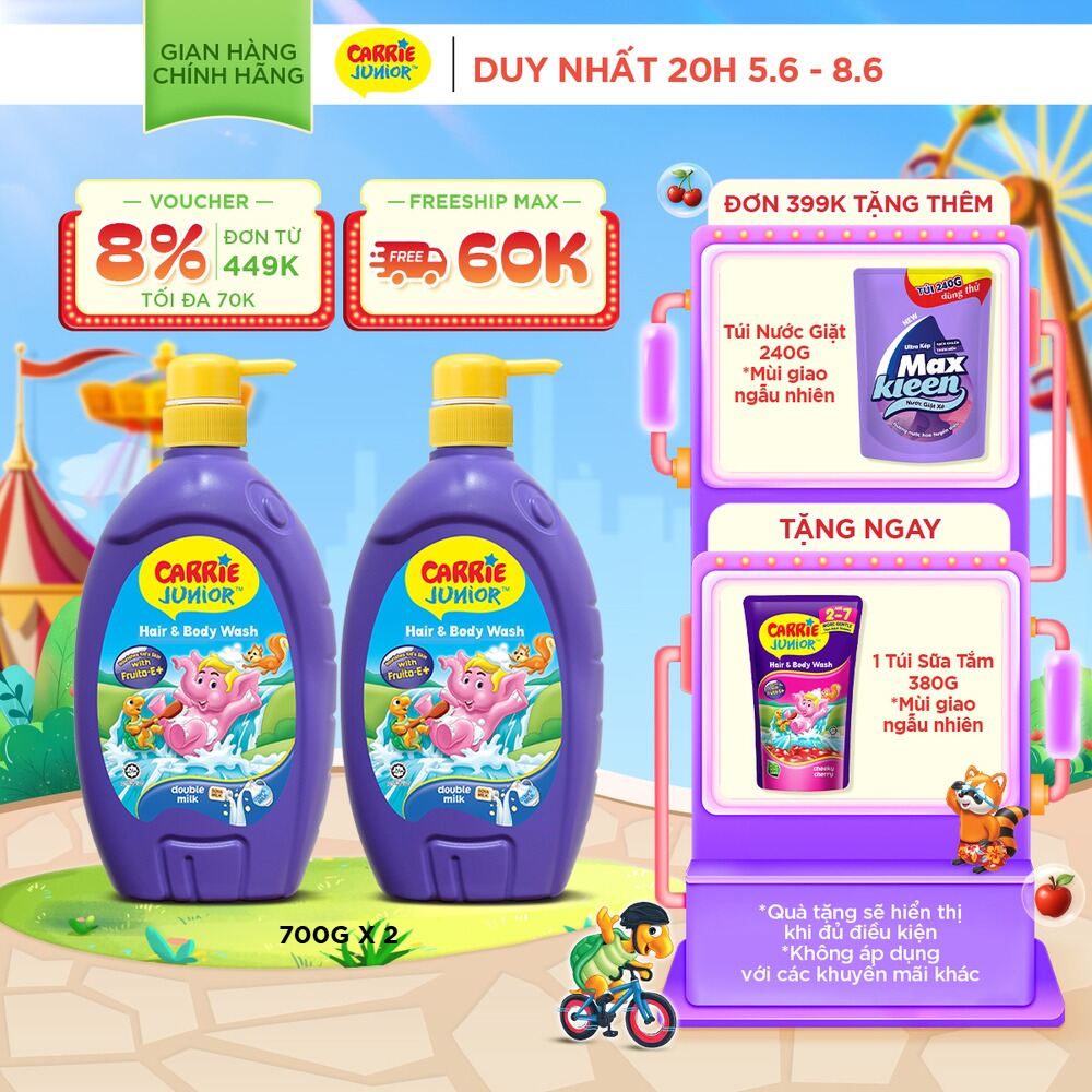 Combo 2 Sữa Tắm Gội cho bé Carrie Junior chiết xuất trái cây thiên nhiên Hương Tinh Chất Sữa(700g/chai)