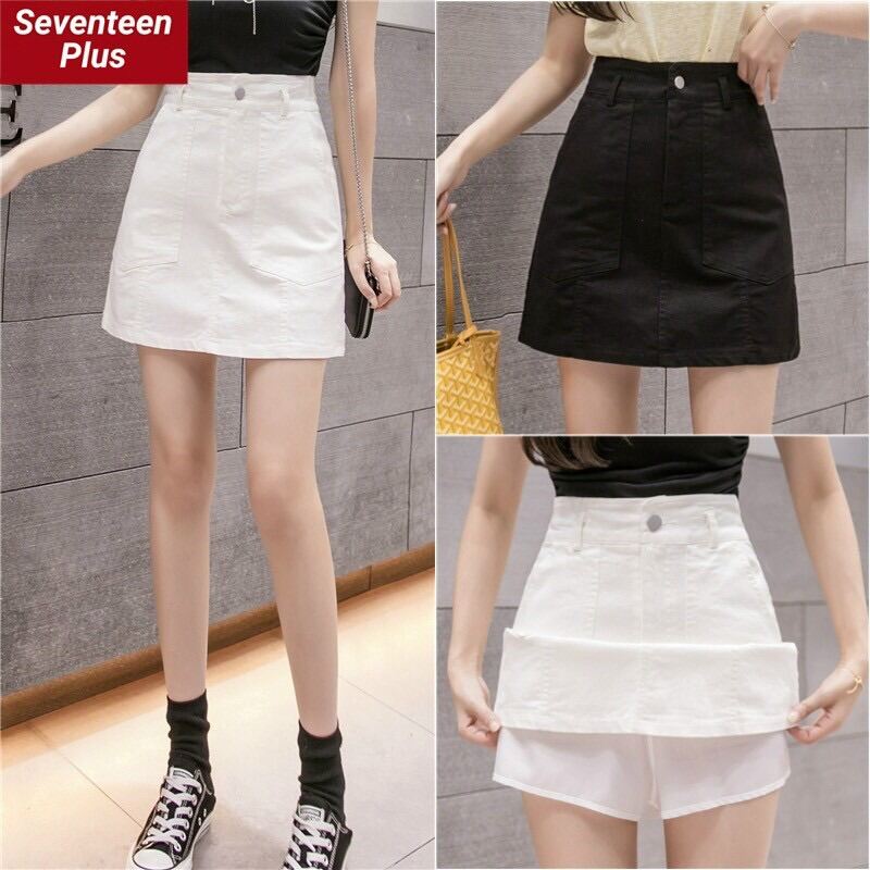 Chân váy nữ ngắn kaki lưng cao form chữ A 2 túi may kèm quần màu trắng màu đen- chân váy nữ Hàn Quốc - chân váy nữ ngắn học sinh