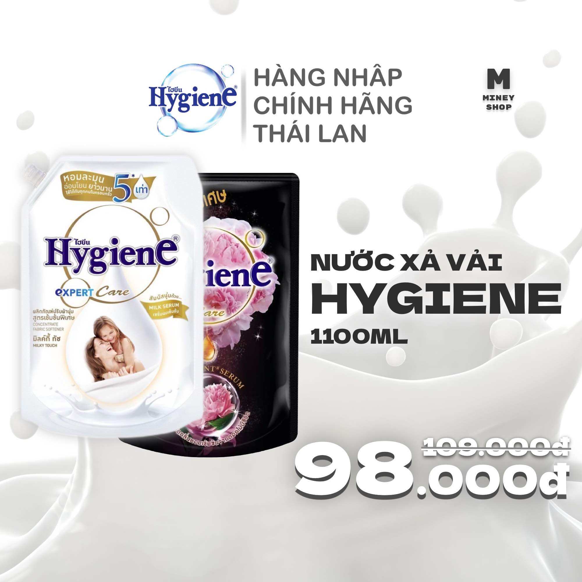 Nước Xả Vải Đậm Đặc Hygiene Expert Care Milky Touch Trắng túi 1300ml / Peony Bloom Đen túi 1150ml