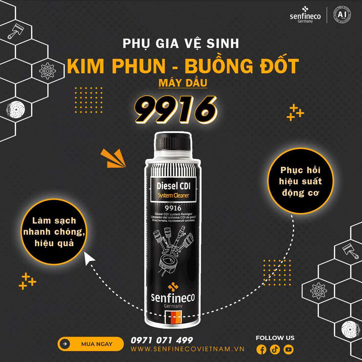 Dung dịch vệ sinh kim phun, buồng đốt cho xe máy dầu Senfineco 9916, xử lý khói đen 300ml