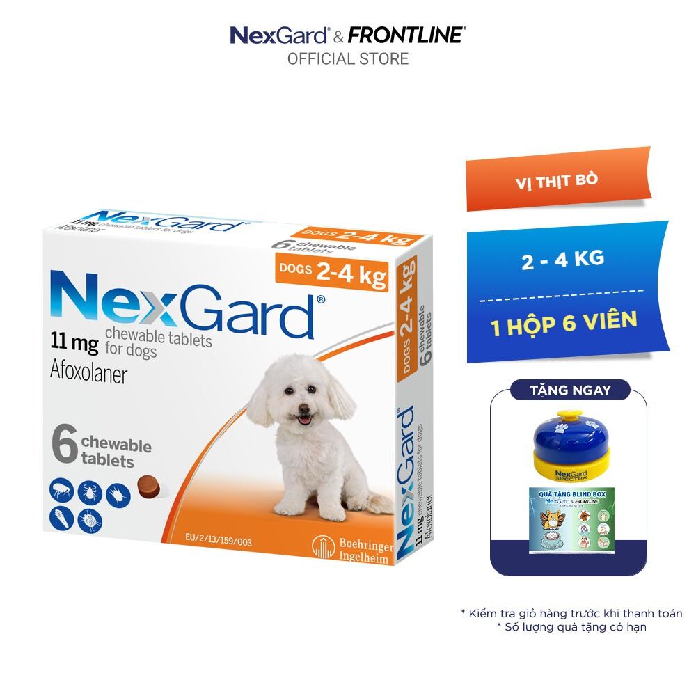 NexGard - Viên nhai mềm phòng và trị ve, rận, bọ chét, ghẻ dành cho Chó size S (2-4kg) - 1 hộp 6 viên