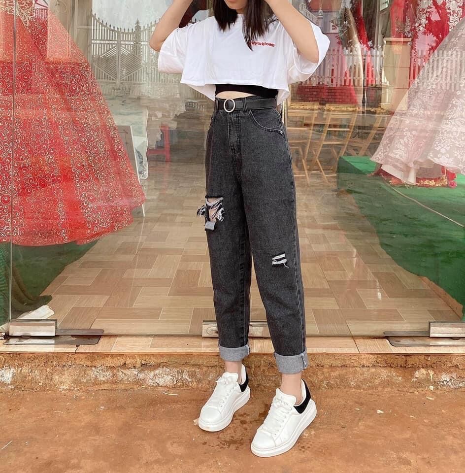 Set baggy jeans xám rách ô + set 2món crop 1974