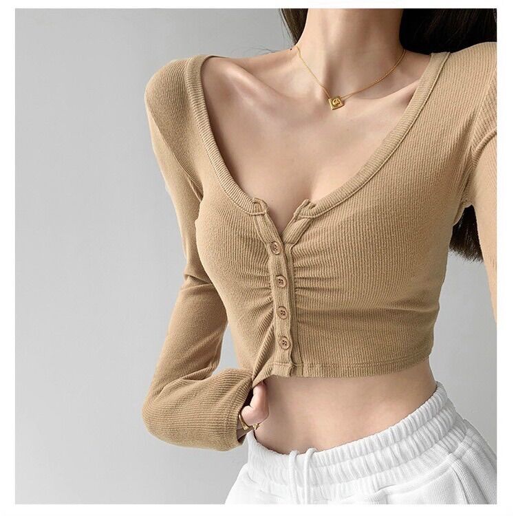 Áo croptop ôm tay dài gài nút xinh K5