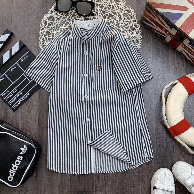 Áo sơ mi cổ trụ phối sọc phong cách Hàn Quốc
