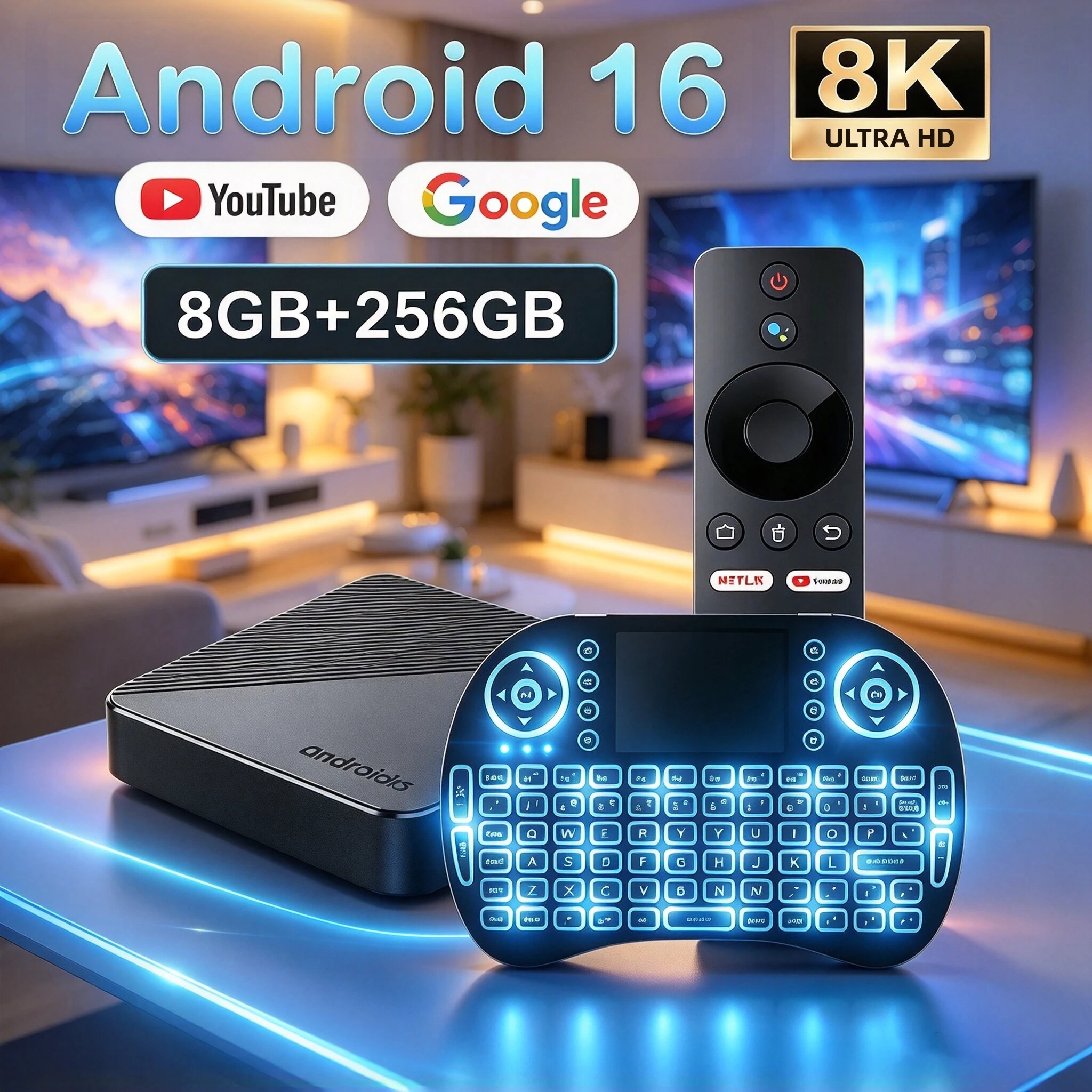Hộp Giải Mã Truyền Hình Thông Minh Android 16 8K Wifi Kép 5G RK3518 8GB 256GB Với Điều Khiển Giọng Nói Google Assistant Và Đầu Ra HDMI 2.0 Kép