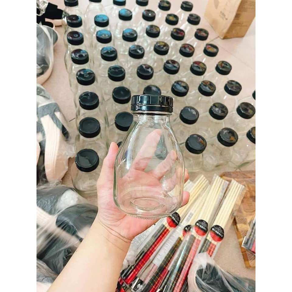 Set 10 bình thủy tinh nắp nhựa đen 300ml mẫu chai vuông lùn, chai thủy tinh miệng rộng mới