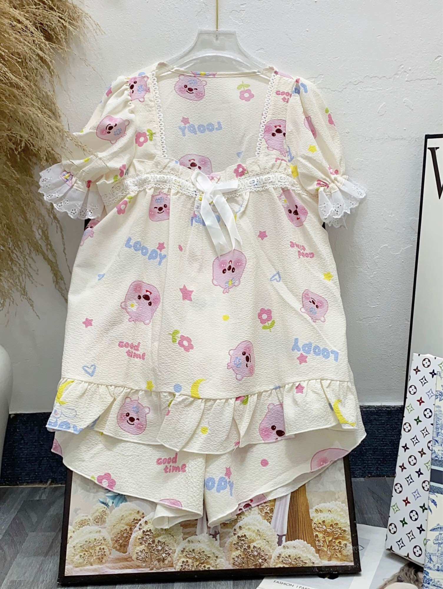 Đồ bộ tiểu thư phối ren chất cotton mềm mặc nhà mát form 40-60kg
