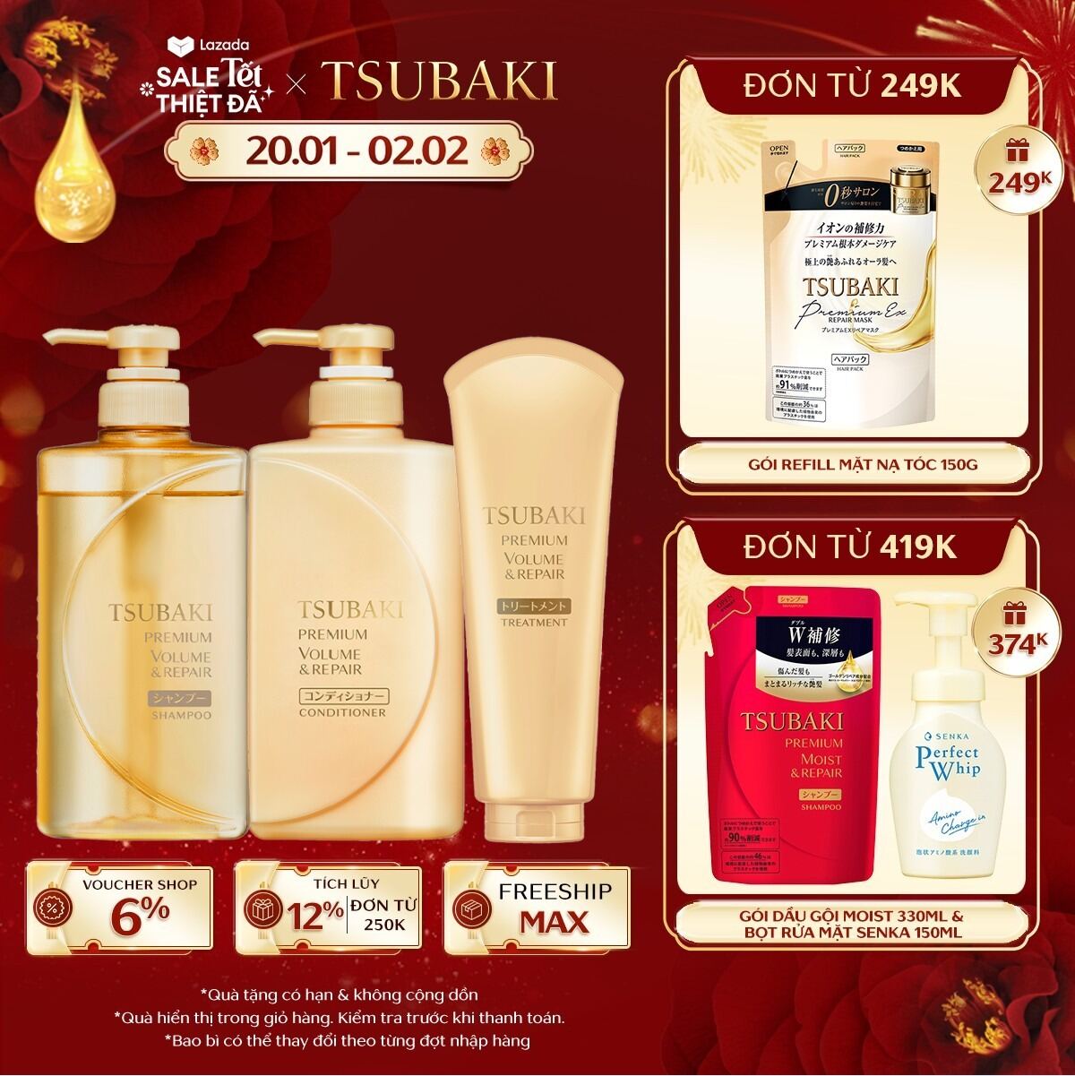 Bộ ba dầu gội - dầu xả - kem xả phục hồi ngăn rụng tóc Tsubaki Premium Repair