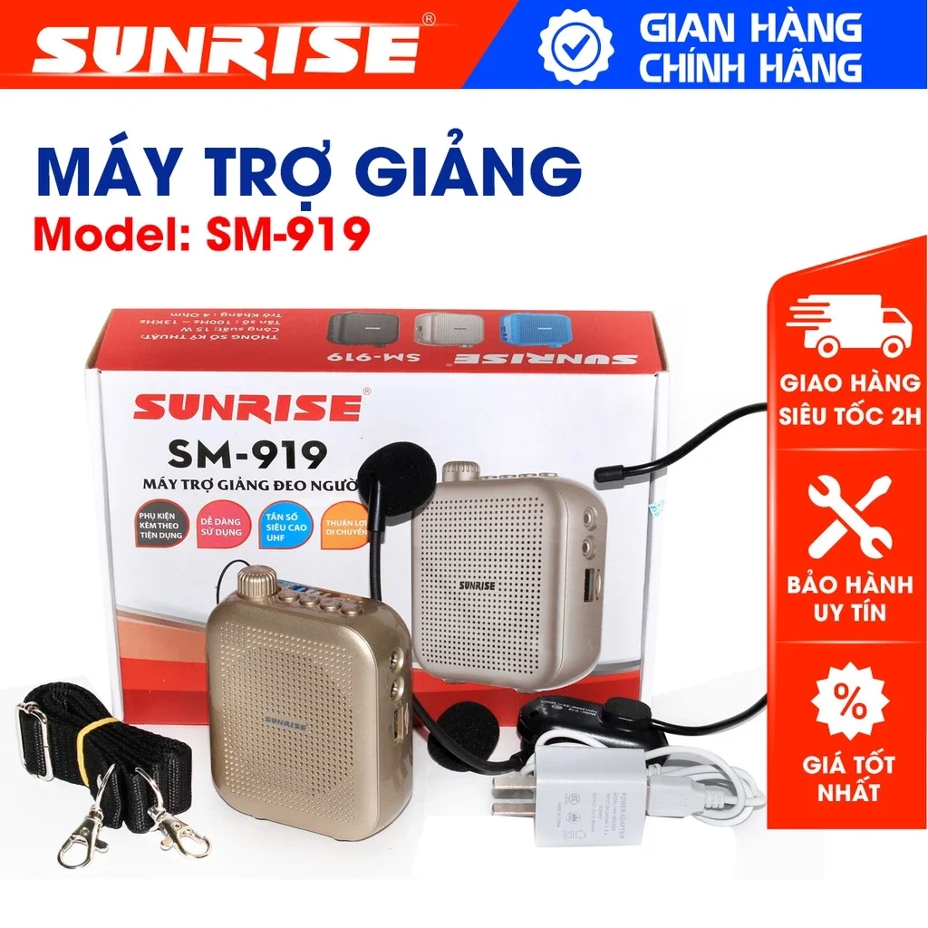 Máy trợ giảng không dây sunrise sm-919 có bluetooth, sóng uhf, loa trợ giảng kèm micro cao cấp chống hú tốt, độ nhạy cao - sunrise sm919