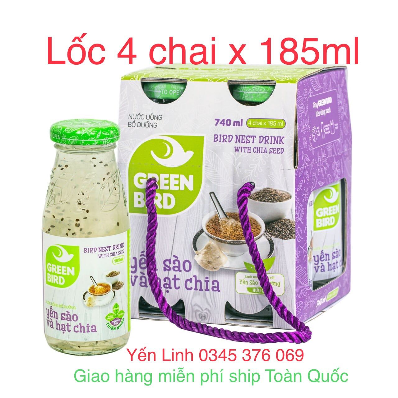 💥 Mẫu mới💥 Lốc 4 chai Yến sào và Hạt chia Green Bird - Nutrinest (4 chai x 185ml)