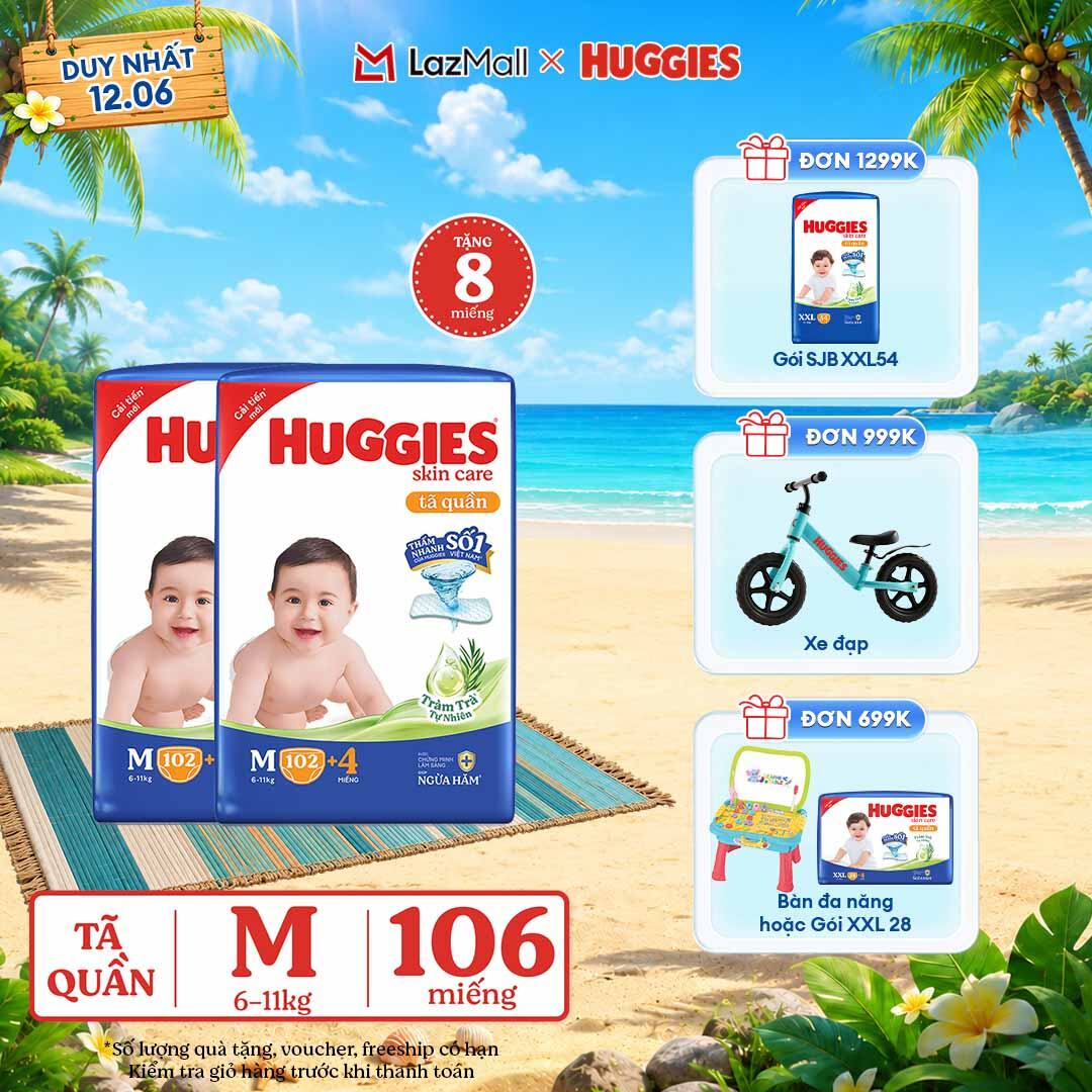 Combo 2 Gói Tã/bỉm quần HUGGIES SKINCARE MEGA JUMBO size M102+4 miếng