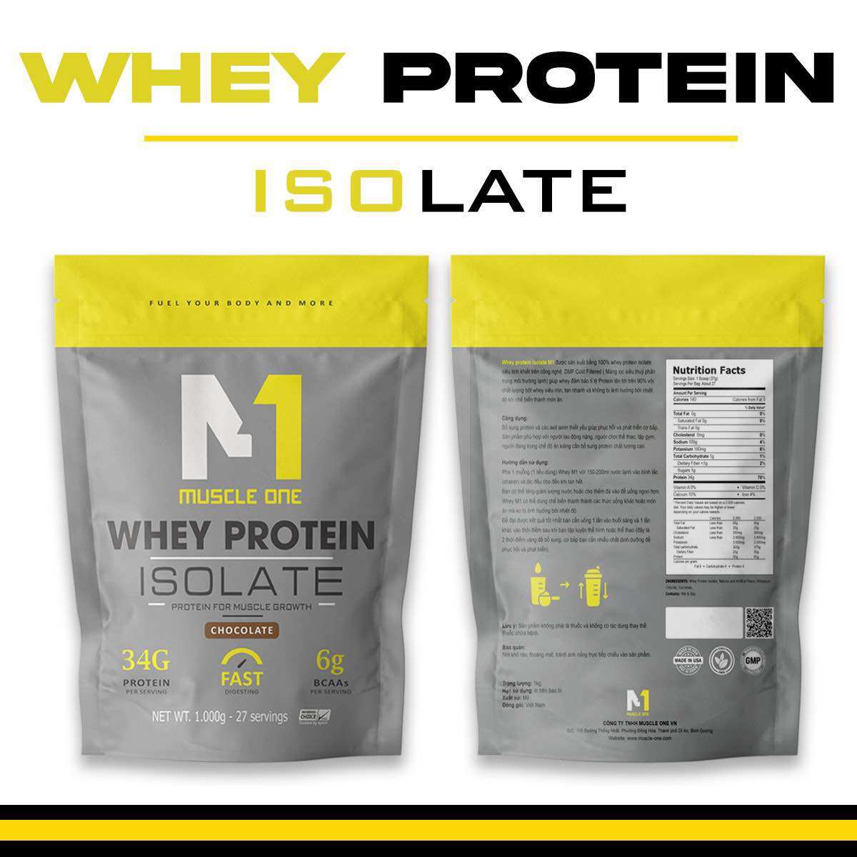 Sữa tăng cơ giảm mỡ, whey protein isolate MUSCLE ONE 2kg (combo 2 túi tặng quà)