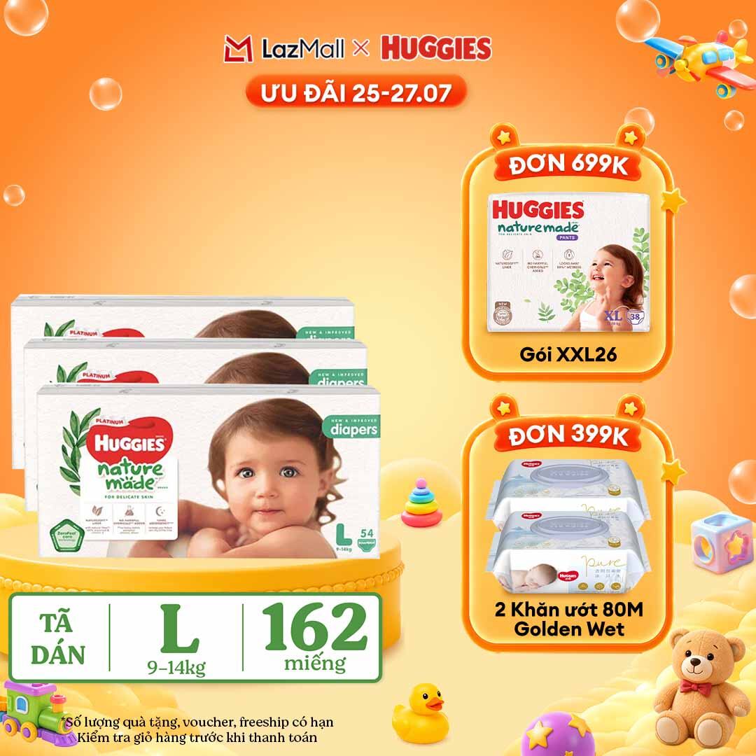 [25-29.7 QUÀ TẶNG ĐƠN 399K] Combo 3 Tã/Bỉm dán HUGGIES PLATINUM NatureMade L54 (9-14kg)-Gói Jumbo 54 miếng