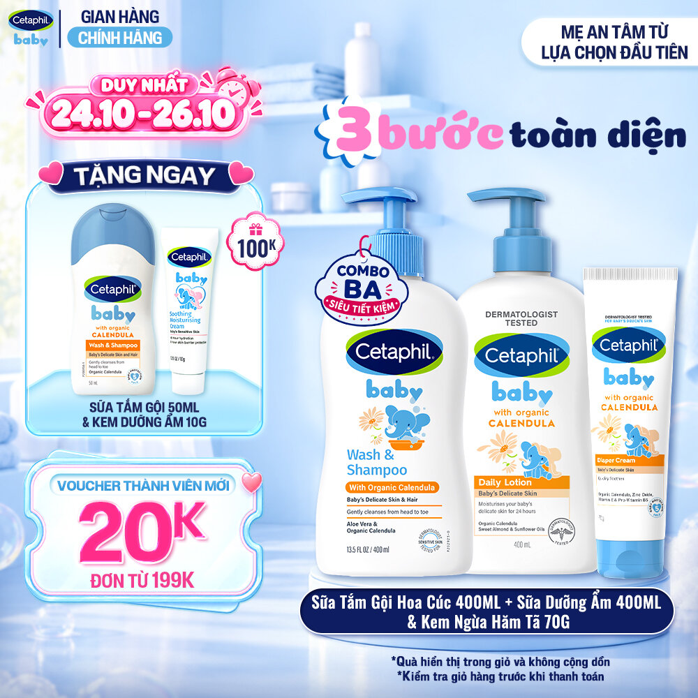 Bộ Sữa tắm gội 400ML + Sữa dưỡng ẩm 400ML + Kem chống hăm tã 70G CETAPHIL BABY WITH ORGANIC CALENDULA