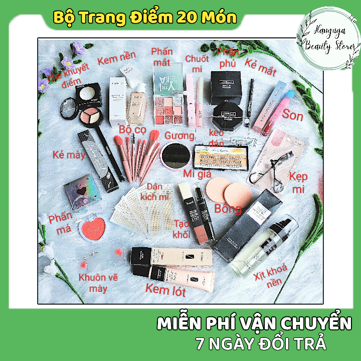  Bộ trang điểm đầy đủ 20 món như ảnh có che khuyết điểm kem nền bảng phấn mắt phấn phủ... đầy đủ 20 món giống hình ảnh 