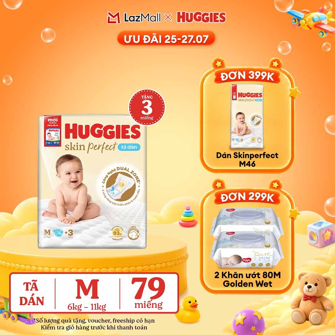 [25-29.7 QUÀ TẶNG ĐƠN 0Đ]  Tã dán Huggies Skin Perfect Super Jumbo M76+3 miếng